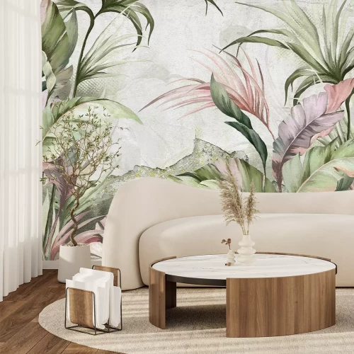 Fototapete Tropische Landschaft pastellfarbene Blätter auf Betonthintergrund
