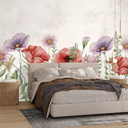 Fototapete Aquarell-Mohnblumen und Wildblumen in Violett- und Rosatönen