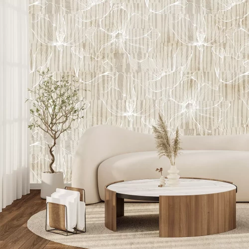 Fototapete Weiße Mohnblumen im Line-Art-Stil auf geometrischem Hintergrund