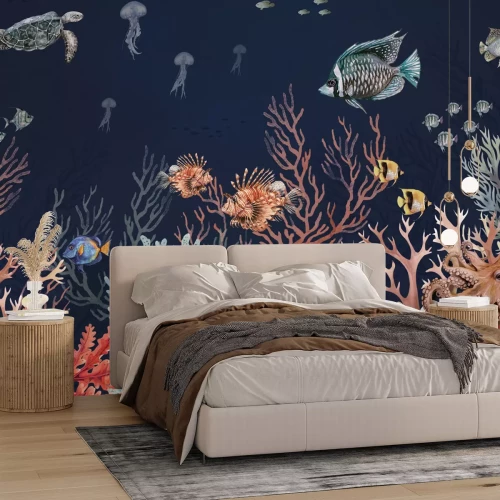 Fototapete Wassertiere und Fische in einer Aquarellkomposition