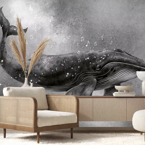 Fototapete Schwarzweißmuster Walgesang und Musiknoten