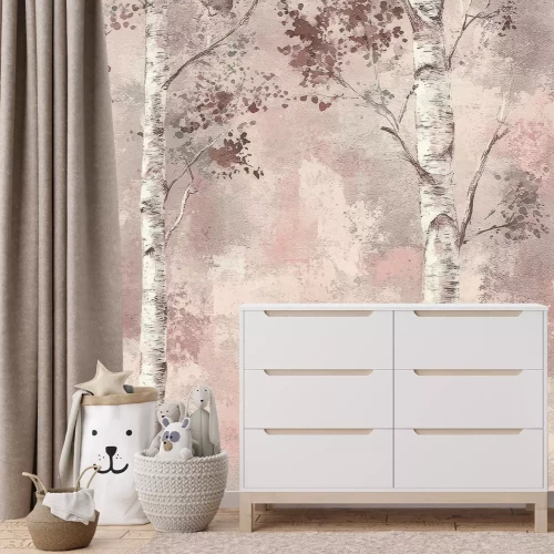 Fototapete Birkenbäume mit Betonstruktur im Hintergrund