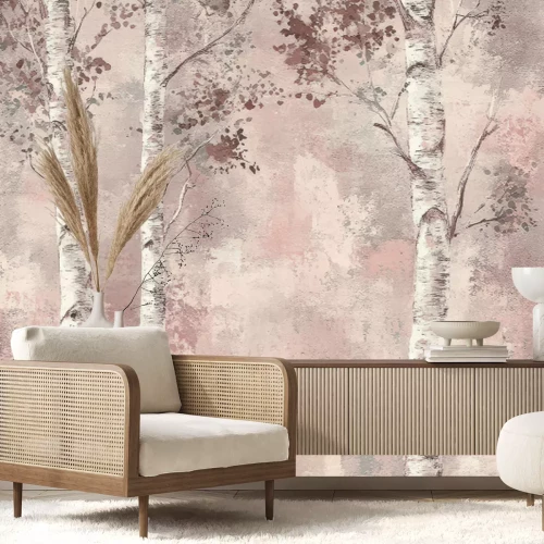 Fototapete Birkenbäume mit Betonstruktur im Hintergrund