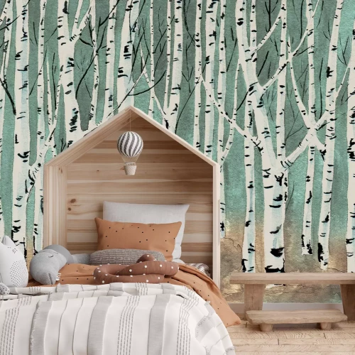 Fototapete Birken in einer Aquarelllandschaft