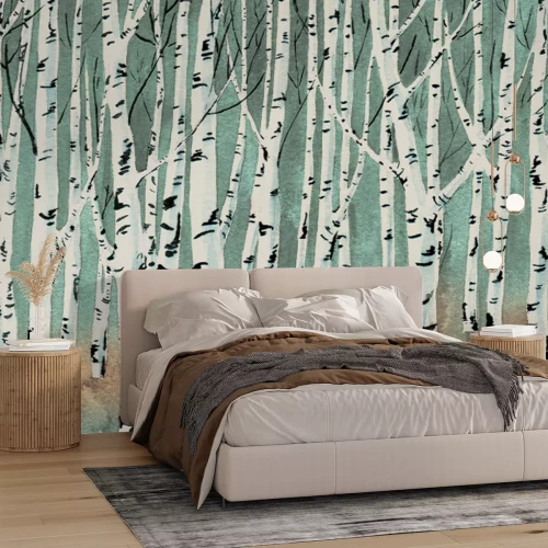 Fototapete Birken in einer Aquarelllandschaft