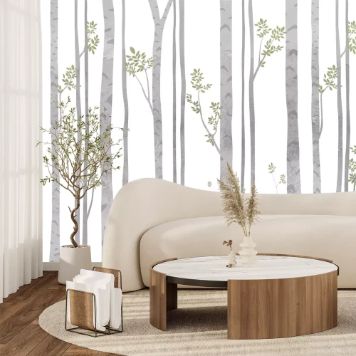 Fototapete Aquarell-Birkenbäume mit grünen Blättern
