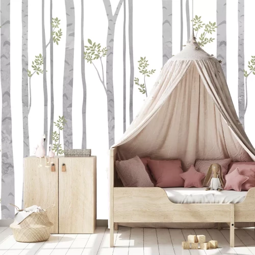 Fototapete Aquarell-Birkenbäume mit grünen Blättern