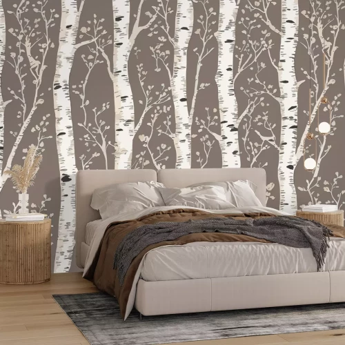 Fototapete Birken auf braunem Hintergrund mit subtiler Textur