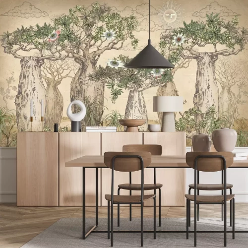 Fototapete Stimmungsvolle Landschaft mit Vintage-Baobab