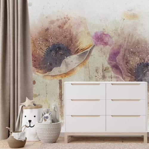 Fototapete Aquarell-Mohnblumen auf Betonhintergrund