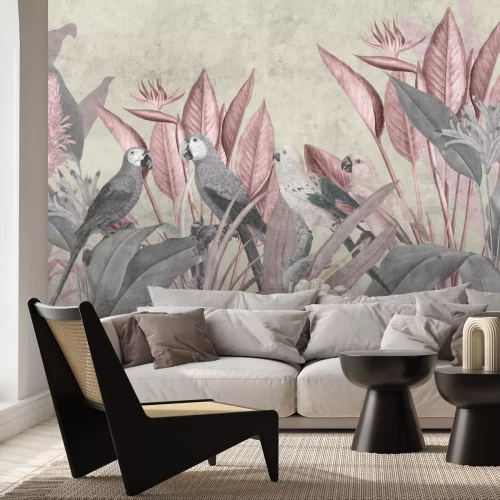 Fototapete Papageien vor tropischen Pflanzen
