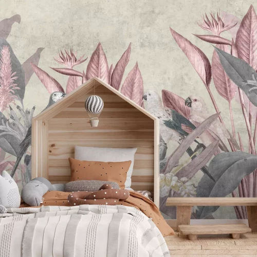 Fototapete Papageien vor tropischen Pflanzen