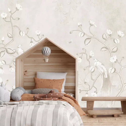 Fototapete Beiges Motiv mit Vögeln auf Magnolienzweigen