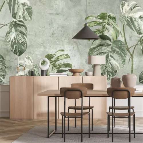 Fototapete Monstera-Pflanzen auf strukturiertem grünem Hintergrund