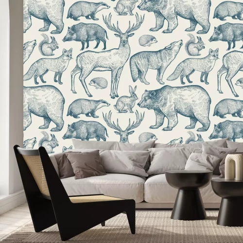 Fototapete Waldtiere Muster im Retro-Stil