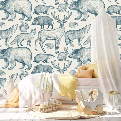 Fototapete Waldtiere Muster im Retro-Stil