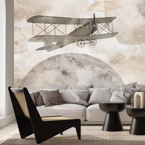 Fototapete Mond und Flugzeug in einer pastellfarbenen Aquarellillustration