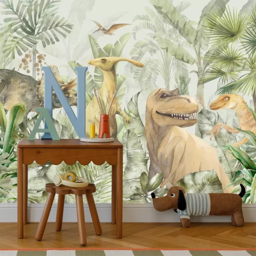 Fototapete Tropischer Dschungel mit Dinosauriern in Aquarell