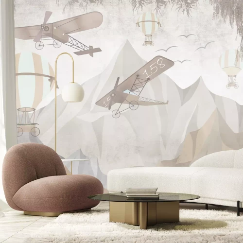 Fototapete Ballons und Flugzeuge zwischen Bergen in Beige- und Grautönen