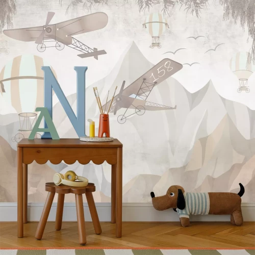 Fototapete Ballons und Flugzeuge zwischen Bergen in Beige- und Grautönen