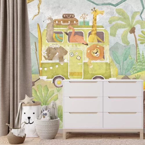 Fototapete Safari-Bus mit niedlichen Tieren im Dschungel