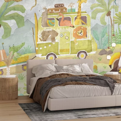 Fototapete Safari-Bus mit niedlichen Tieren im Dschungel