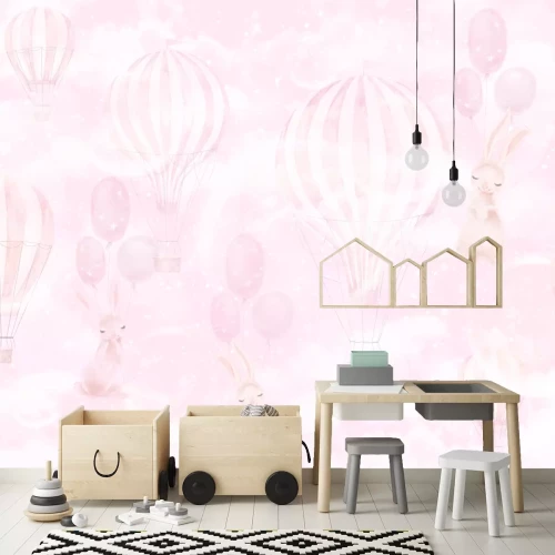 Fototapete Kaninchen mit Ballons vor rosa Aquarellhimmel