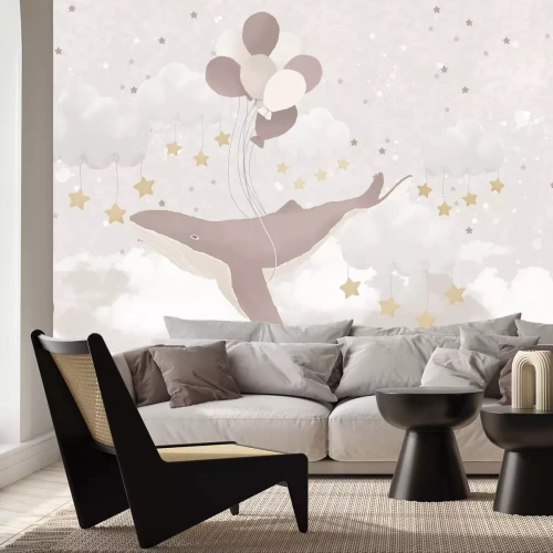 Fototapete Fliegender Wal mit Ballons zwischen Sternen und Wolken