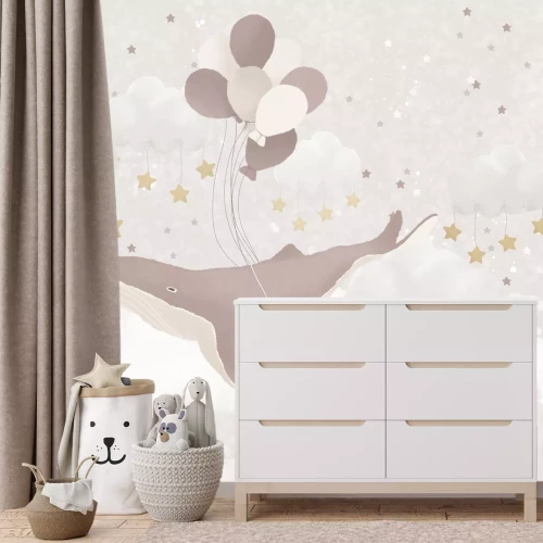 Fototapete Fliegender Wal mit Ballons zwischen Sternen und Wolken