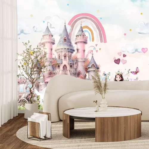 Fototapete Prinzessin mit einem magischen Einhorn vor einem Schloss