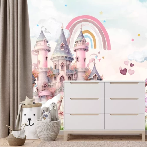 Fototapete Prinzessin mit einem magischen Einhorn vor einem Schloss