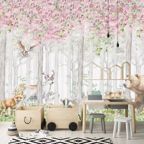 Fototapete Tiere im blühenden Märchenwald Aquarell