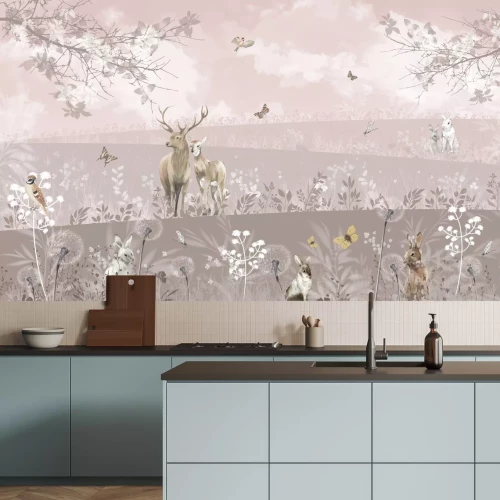 Fototapete Landschaft einer wilden Lichtung mit Hirsch und Waldtieren