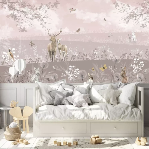 Fototapete Landschaft einer wilden Lichtung mit Hirsch und Waldtieren