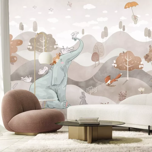 Fototapete Elefant und Waldtiere in einer märchenhaften Aquarellszenerie