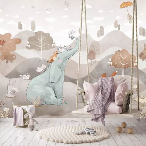 Fototapete Elefant und Waldtiere in einer märchenhaften Aquarellszenerie