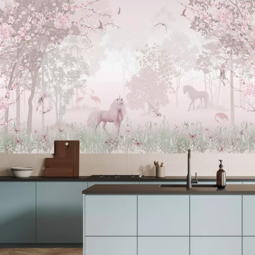 Fototapete Magischer rosa Wald mit Einhörnern und Feen