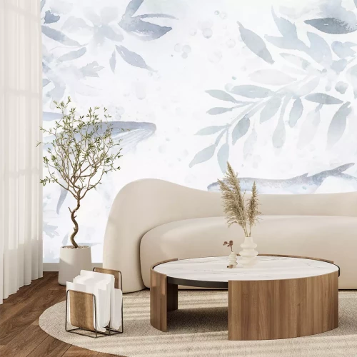 Fototapete Blaue Blätter und Wale im zarten Aquarellstil