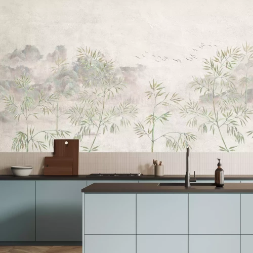 Fototapete Bambusbäume mit fliegenden Vögeln auf strukturiertem Hintergrund