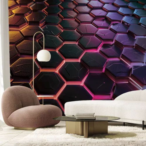 Fototapete Geometrisches Muster mit schwarzen Hexagonen und Neonlicht