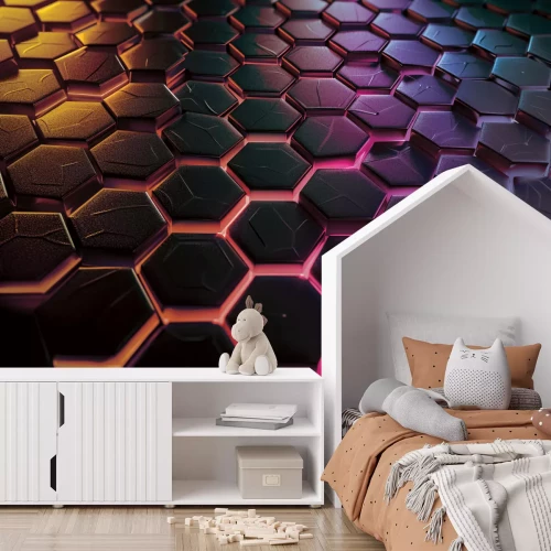 Fototapete Geometrisches Muster mit schwarzen Hexagonen und Neonlicht