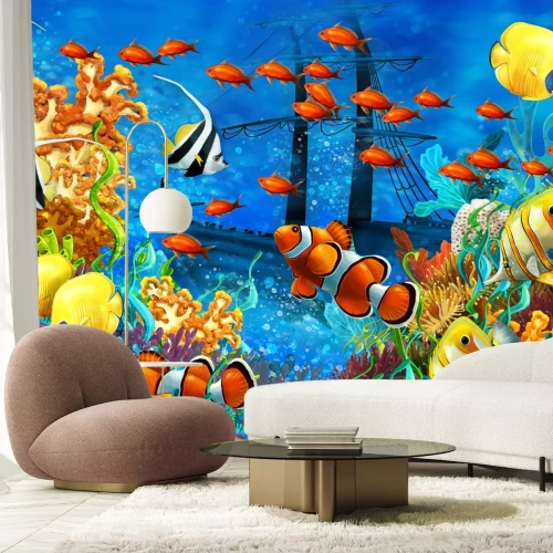 Fototapete Unterwasserlandschaft mit Fischen Schiff und Korallenriff in lebendigen Farben