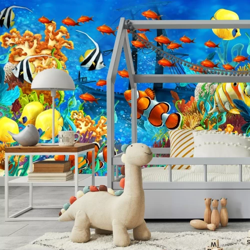 Fototapete Unterwasserlandschaft mit Fischen Schiff und Korallenriff in lebendigen Farben