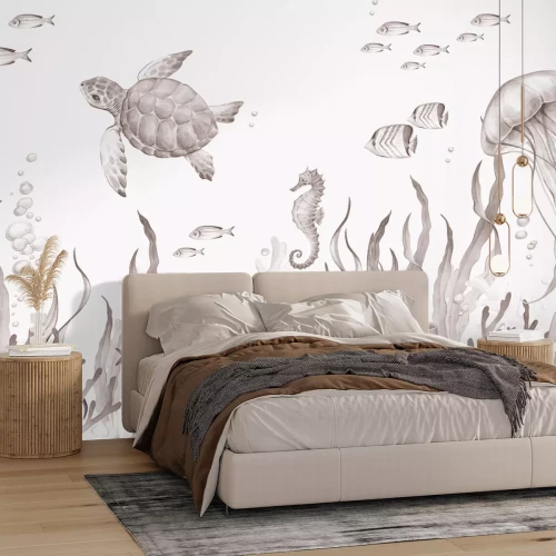 Fototapete Unterwasserwelt mit Meerestieren Aquarell Kinderillustration