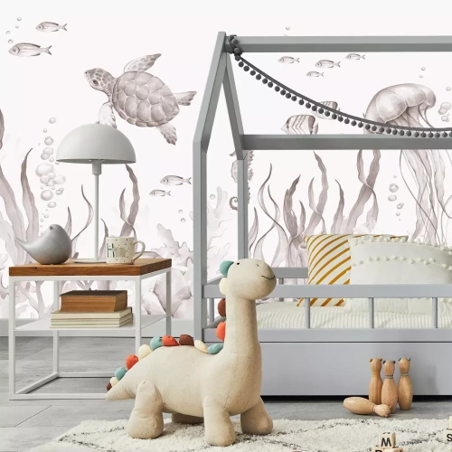 Fototapete Unterwasserwelt mit Meerestieren Aquarell Kinderillustration