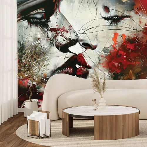 Fototapete Künstlerisches Wandbild eines Kusses von Frauen in Rot