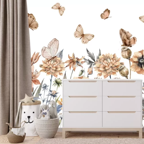 Fototapete Schmetterlinge und Wildblumen Aquarellwiese auf hellem Hintergrund