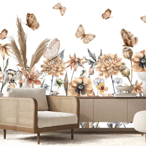 Fototapete Schmetterlinge und Wildblumen Aquarellwiese auf hellem Hintergrund