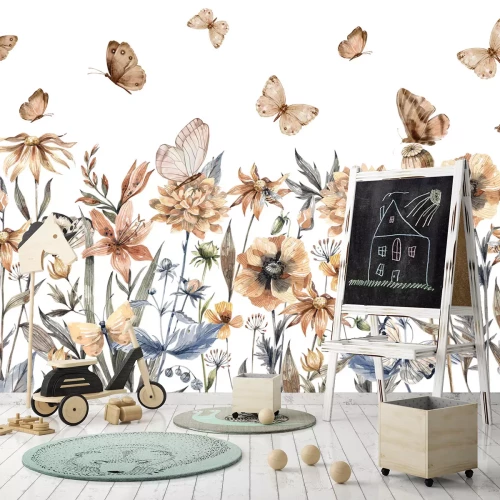 Fototapete Schmetterlinge und Wildblumen Aquarellwiese auf hellem Hintergrund