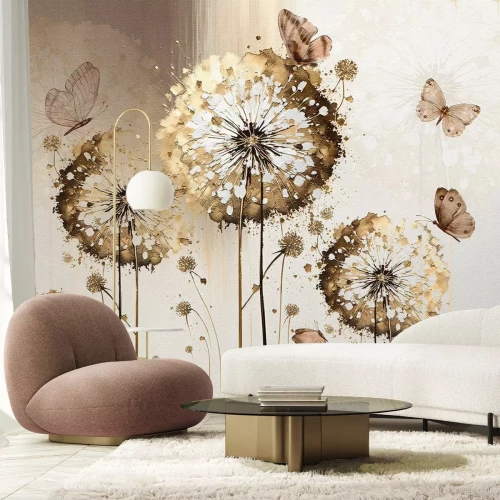 Fototapete Blumen Löwenzahn und Schmetterlinge auf strukturiertem Hintergrund elegantes Muster